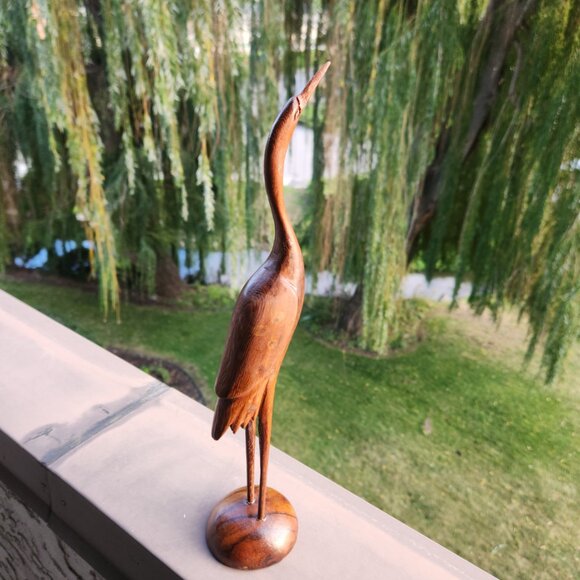 Hand-Carved Wooden Crane Sculpture – 13" Tall Elegant Bird Figurine - Picture 3 of 11